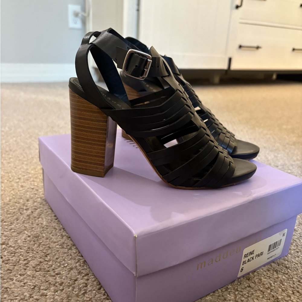 Madden Girl Black Strappy Heels with Wooden Block Heel